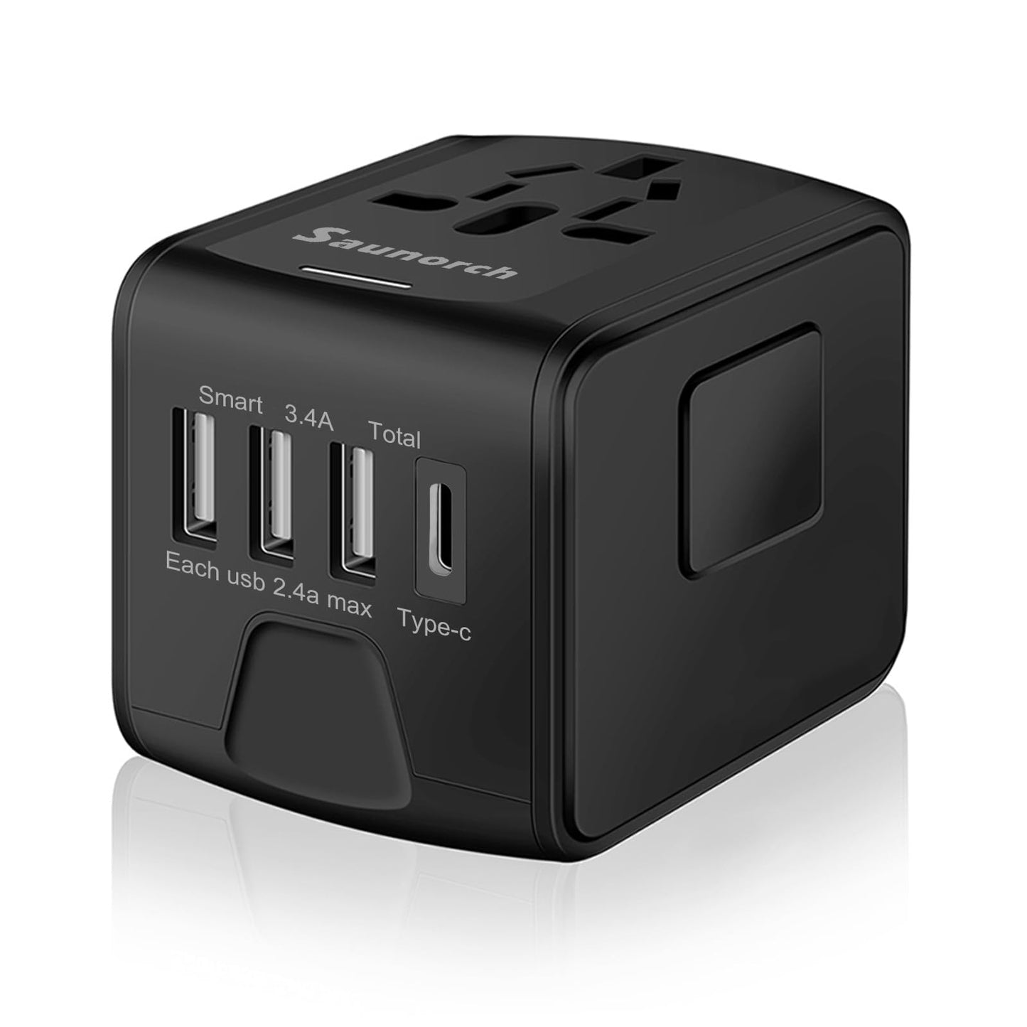 SAUNORCH Universal International Travel Power Adapter W/High Speed 2.4A USB-A, 3.0A USB-C Wall Charger, European Adapter, Worldwide AC Outlet Plugs Adapters for Europe, UK, US, AU, Asia-Black