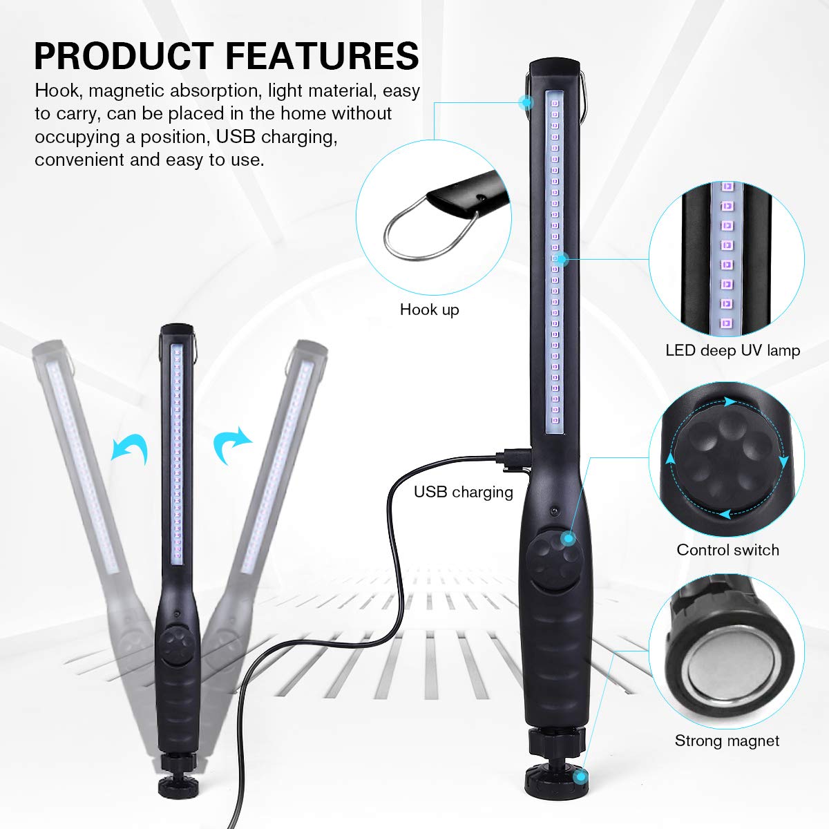 HIUPN UV Light Sanitizer, Portable UV Light Disinfection Lamp USB Rechargeable Ultraviolet Light Sanitizer for Home Hotel Travel Car UV Light Sanitizer Wand