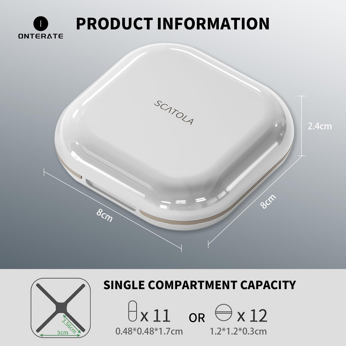 Onterit Small Pill Case, Travel Pill Box, Portable Pocket Pill Organizer, 4 Compartments, Daily Travel Medicine Holder for Vitamins and Medication (White and Grey)