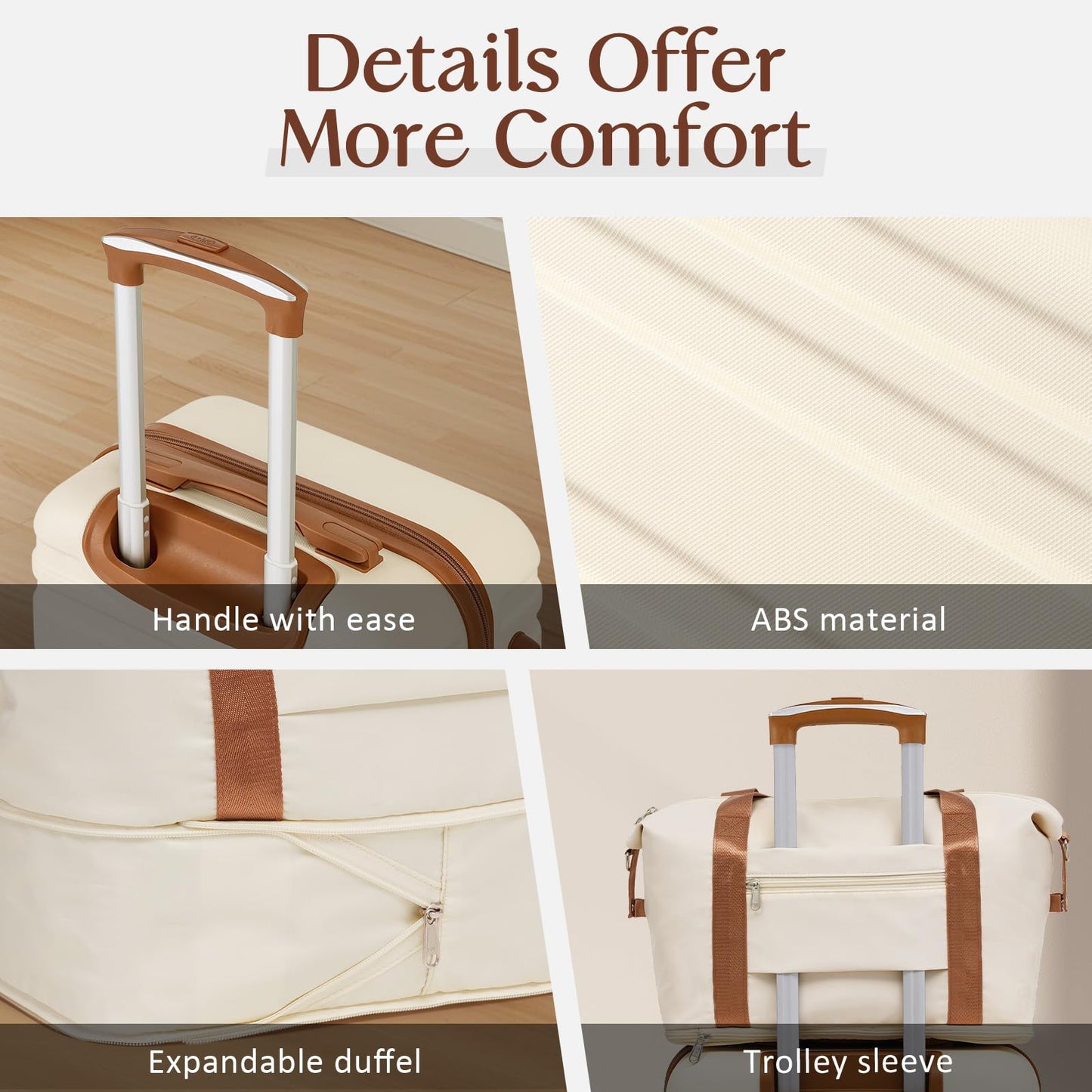 COOLIFE Suitcase Trolley Carry On Hand Cabin Luggage Hard Shell Travel Bag Lightweight Suitcase Included 1pcs Travel Bag and 1pcs Toiletry Bag (White/Brown, 5 Piece Set)