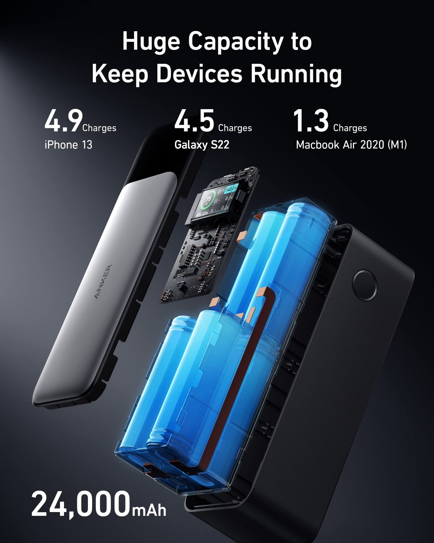 Anker 737 Power Bank (PowerCore 24K), 24,000mAh 3-Port Portable Charger with 140W Output, Smart Digital Display, Compatible with MacBook Pro/Air, iPhone 16/15/14 Series, Samsung, Huaiwei, Dell
