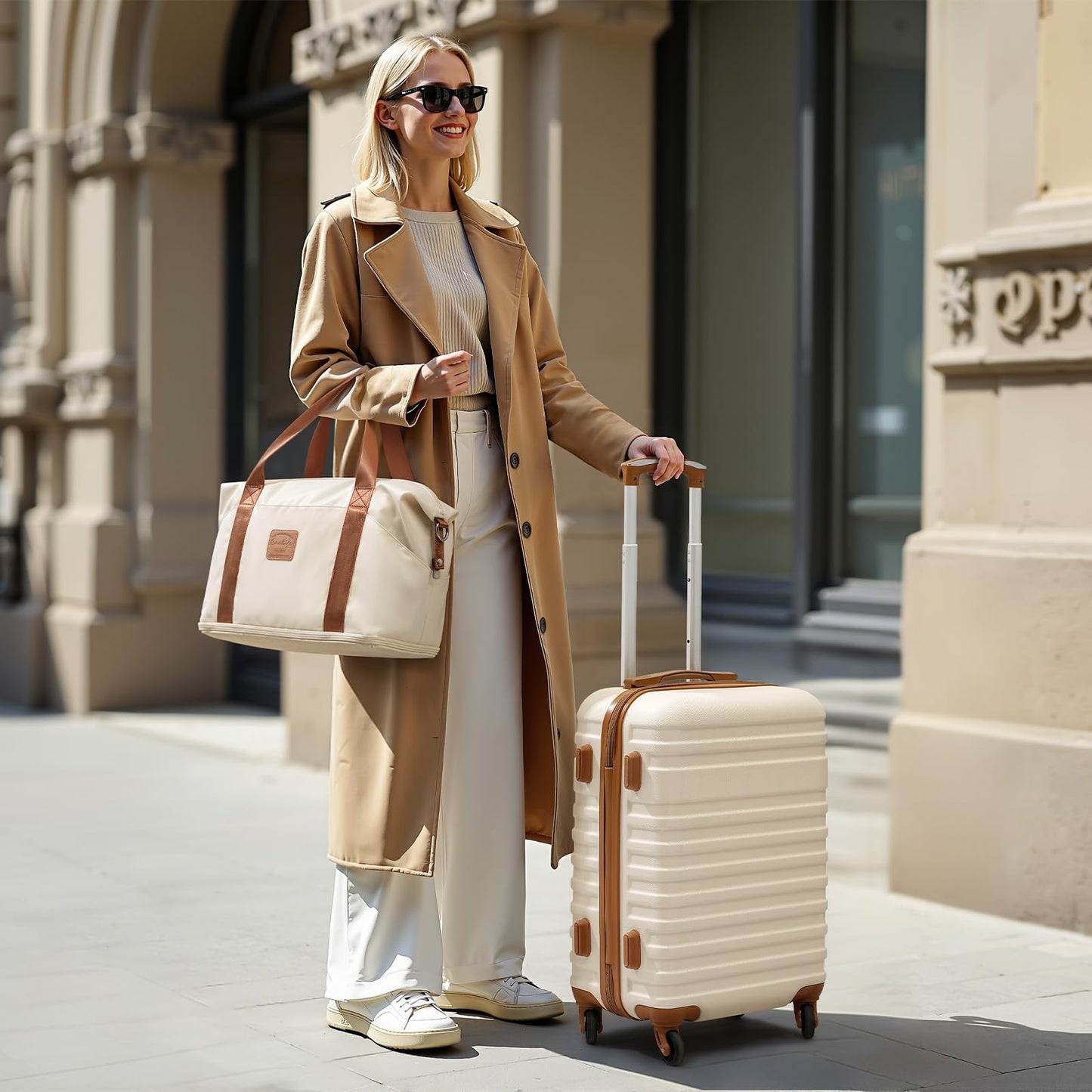 COOLIFE Suitcase Trolley Carry On Hand Cabin Luggage Hard Shell Travel Bag Lightweight Suitcase Included 1pcs Travel Bag and 1pcs Toiletry Bag (White/Brown, 5 Piece Set)
