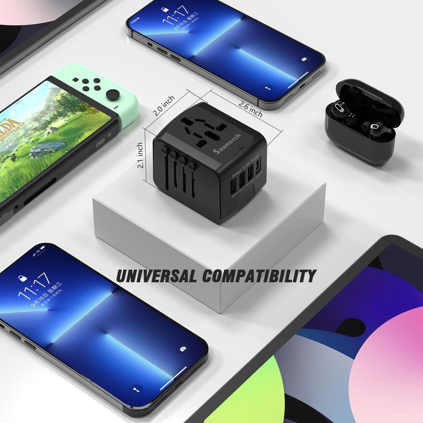 SAUNORCH Universal International Travel Power Adapter W/High Speed 2.4A USB-A, 3.0A USB-C Wall Charger, European Adapter, Worldwide AC Outlet Plugs Adapters for Europe, UK, US, AU, Asia-Black
