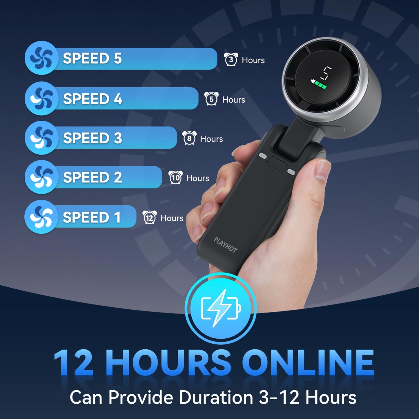 PlayHot Portable Handheld Turbo Fan, 5 Gear Wind Hand Fan, 5000mAh Battery Personal Fans Portable Rechargeable, 20 Hours Pocket Fan, 3 IN 1 Hand Held Fan, Portable Fan for Travel/Outdoor/Indoor(Black)