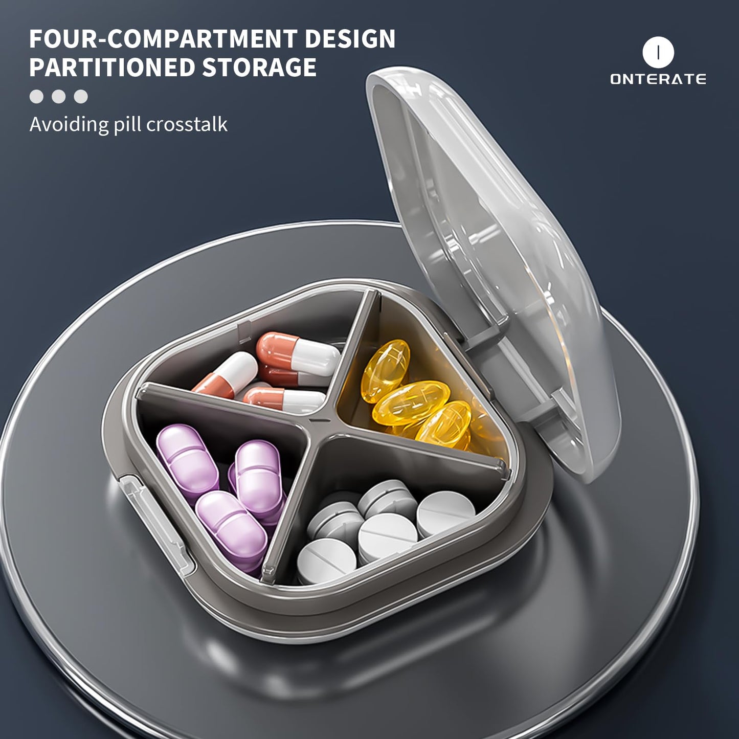 Onterit Small Pill Case, Travel Pill Box, Portable Pocket Pill Organizer, 4 Compartments, Daily Travel Medicine Holder for Vitamins and Medication (White and Grey)
