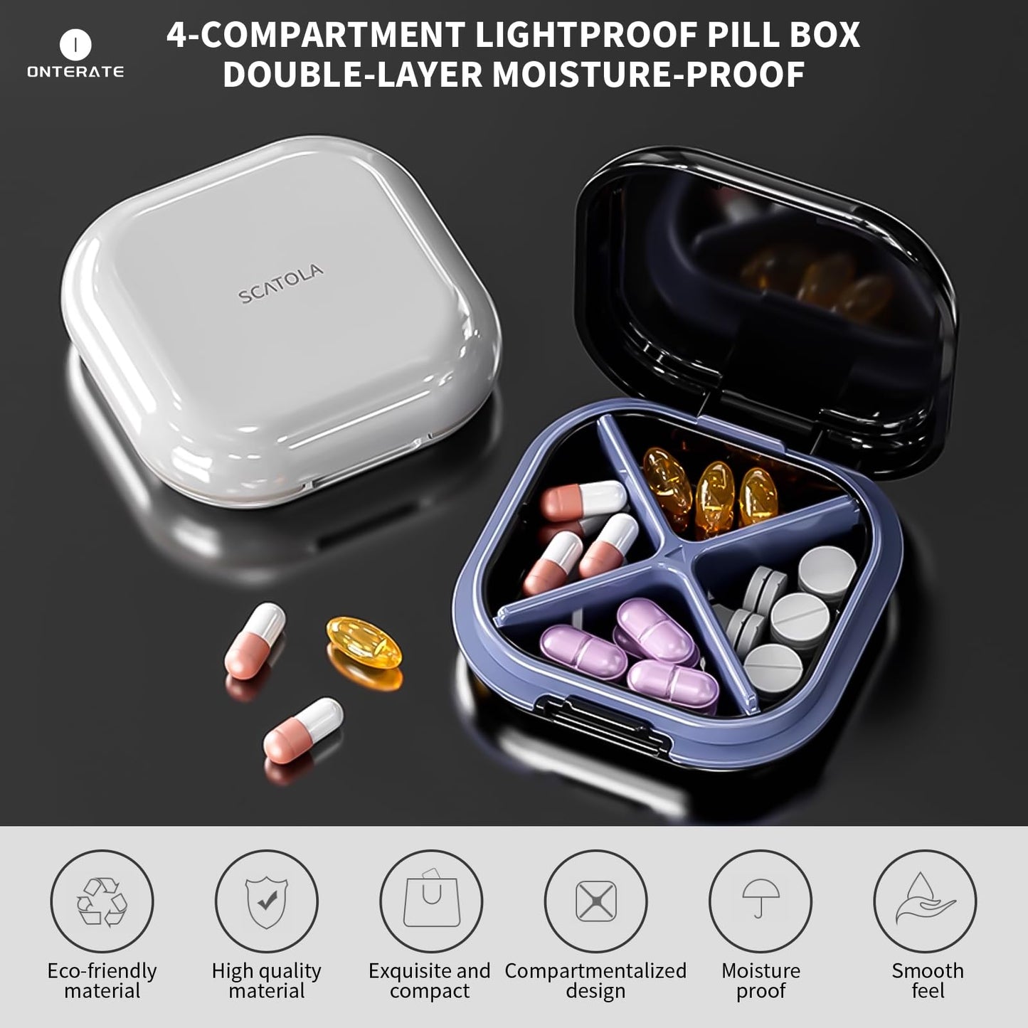 Onterit Small Pill Case, Travel Pill Box, Portable Pocket Pill Organizer, 4 Compartments, Daily Travel Medicine Holder for Vitamins and Medication (White and Grey)