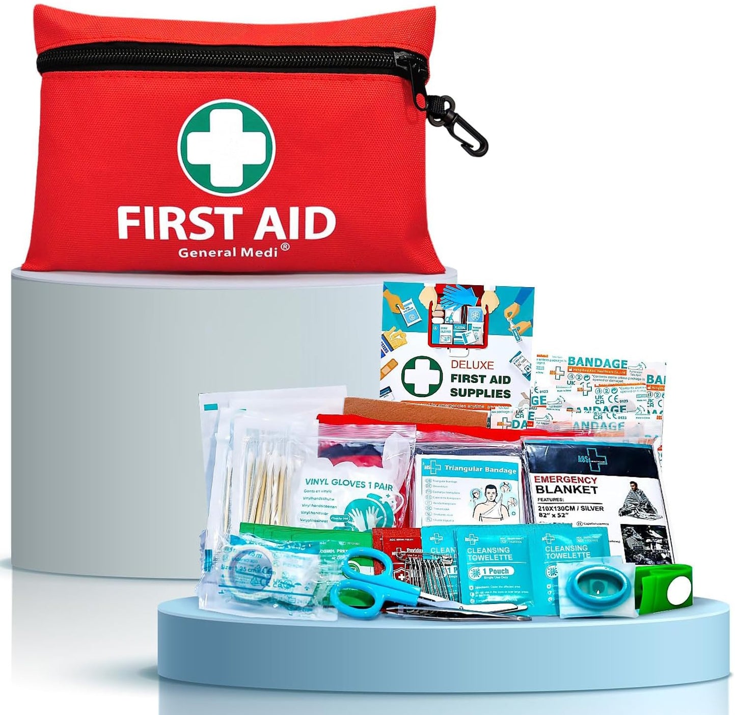 General Medi 110 Piece Mini First Aid Kit - Includes Emergency Foil Blanket and Scissors for Travel, Home, Office, Car, Camping, Workplace, Outdoors (Red)