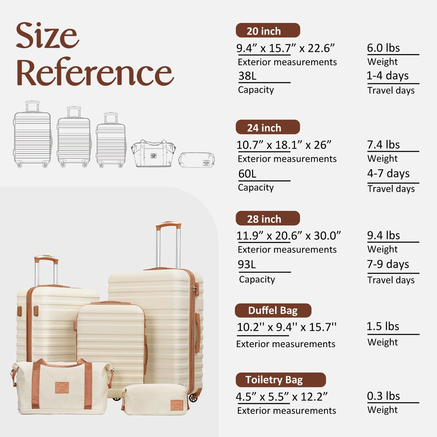 COOLIFE Suitcase Trolley Carry On Hand Cabin Luggage Hard Shell Travel Bag Lightweight Suitcase Included 1pcs Travel Bag and 1pcs Toiletry Bag (White/Brown, 5 Piece Set)