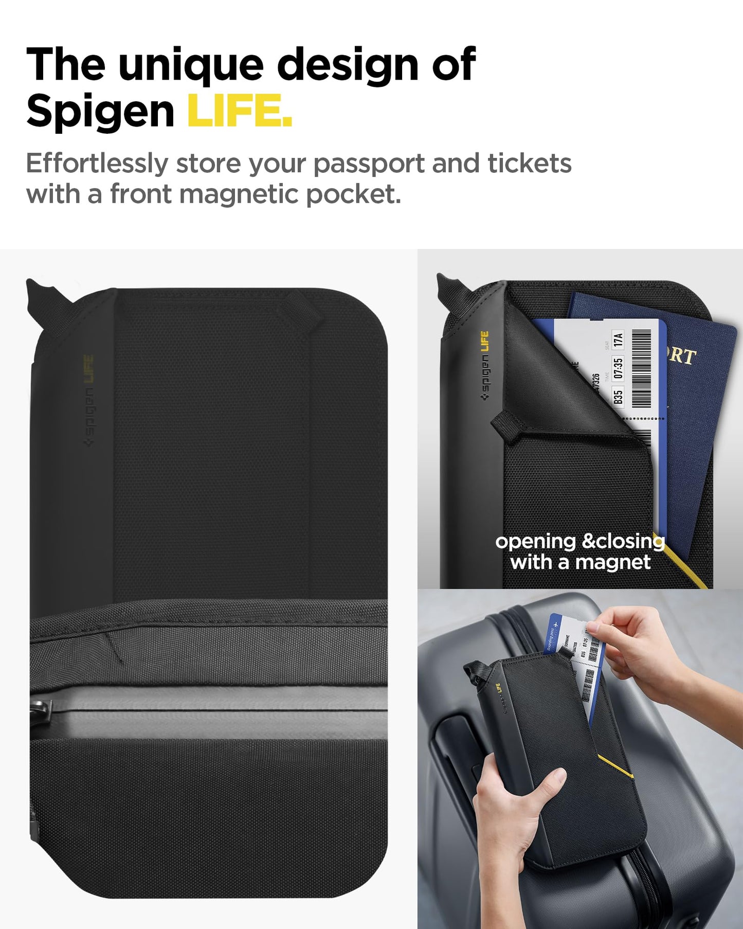 Spigen Life Passport Holder Pouch Wallet for Family, Travel Accessories Documents Organizer Card Cover with RFID Blocking, SIM Card Holder and Eject Pin, Wrist strap, up to 4 Passports - Black