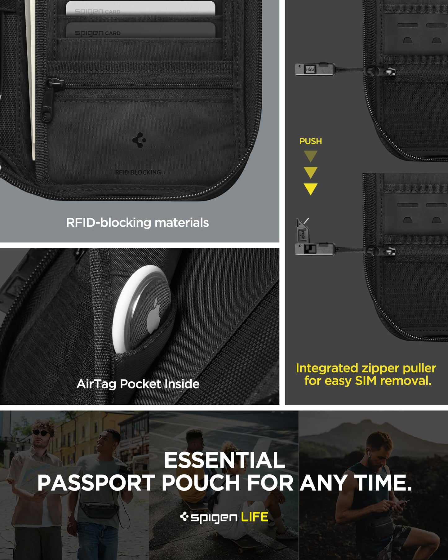 Spigen Life Passport Holder Pouch Wallet for Family, Travel Accessories Documents Organizer Card Cover with RFID Blocking, SIM Card Holder and Eject Pin, Wrist strap, up to 4 Passports - Black
