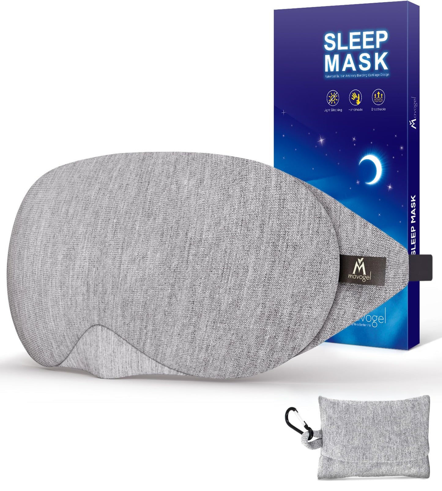 Mavogel Cotton Sleep Mask - Updated Design Light Blocking Sleep Eye Mask, Soft and Comfortable Night Sleep Mask for Men and Women, Eye Blinder for Travel/Sleeping, Travel Bag Included, Grey
