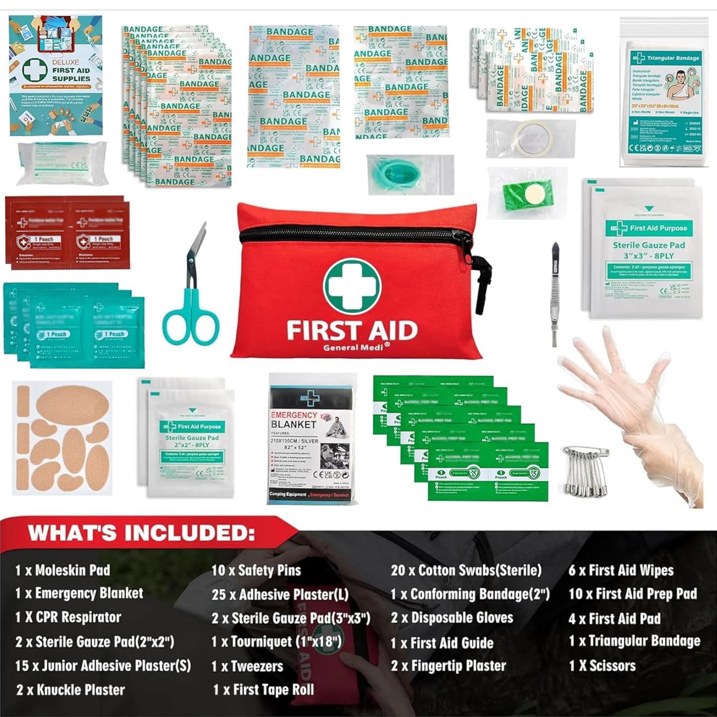 General Medi 110 Piece Mini First Aid Kit - Includes Emergency Foil Blanket and Scissors for Travel, Home, Office, Car, Camping, Workplace, Outdoors (Red)