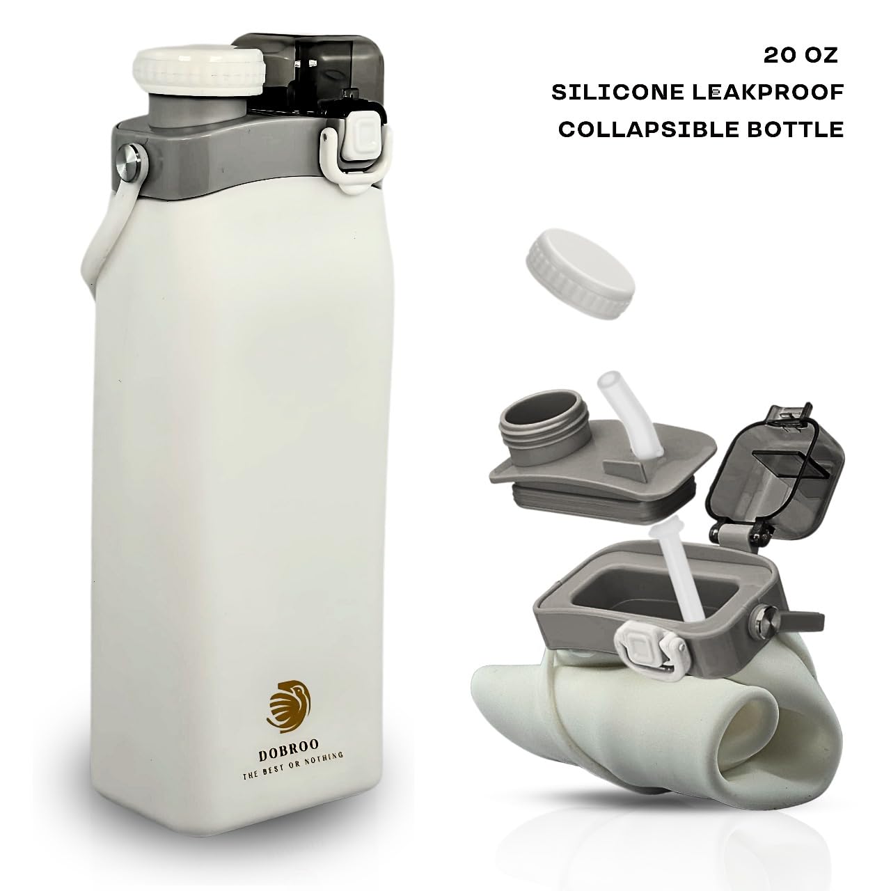 DOBRO Collapsible Water Bottle, 22 oz/650 ml, Leak Proof, BPA Free, Collapsible Silicone Water Bottle with Straw, Spill Proof Lid and Flip Top Cap for Cycling, Hiking and Gym