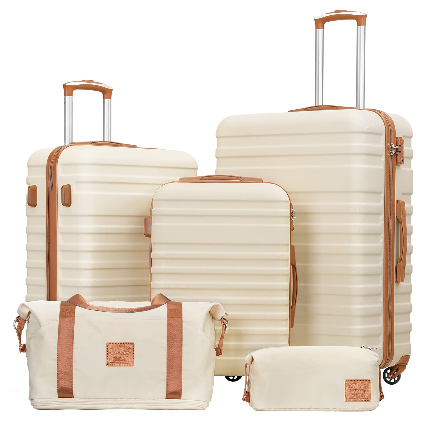COOLIFE Suitcase Trolley Carry On Hand Cabin Luggage Hard Shell Travel Bag Lightweight Suitcase Included 1pcs Travel Bag and 1pcs Toiletry Bag (White/Brown, 5 Piece Set)