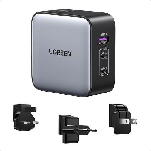 UGREEN 65W Universal Travel Adapter, US/UK/EU Plug, USB C Charger, 3 Ports, Fast Wall Charger Head Compatible with MacBook, HP, Dell, Lenovo, iPhone 16, iPad, Galaxy Tab/S25