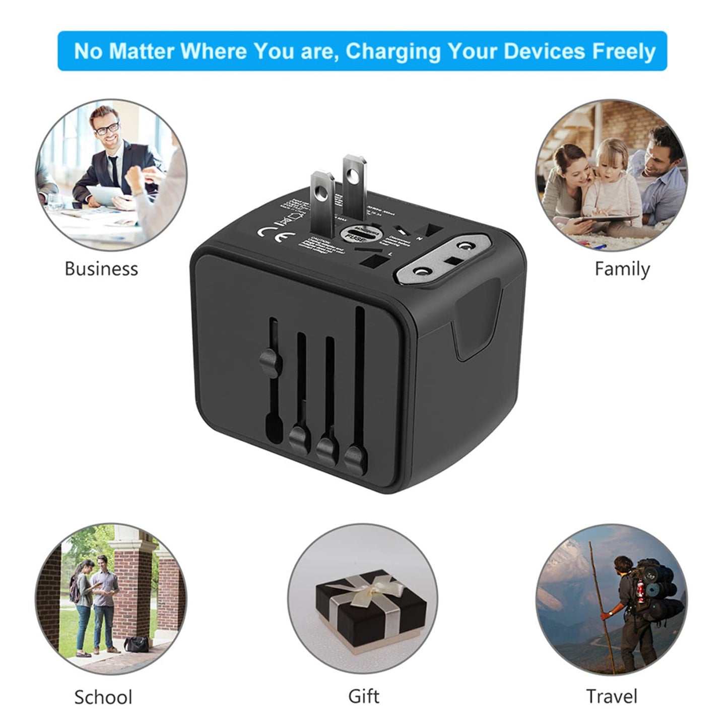 SAUNORCH Universal International Travel Power Adapter W/High Speed 2.4A USB-A, 3.0A USB-C Wall Charger, European Adapter, Worldwide AC Outlet Plugs Adapters for Europe, UK, US, AU, Asia-Black