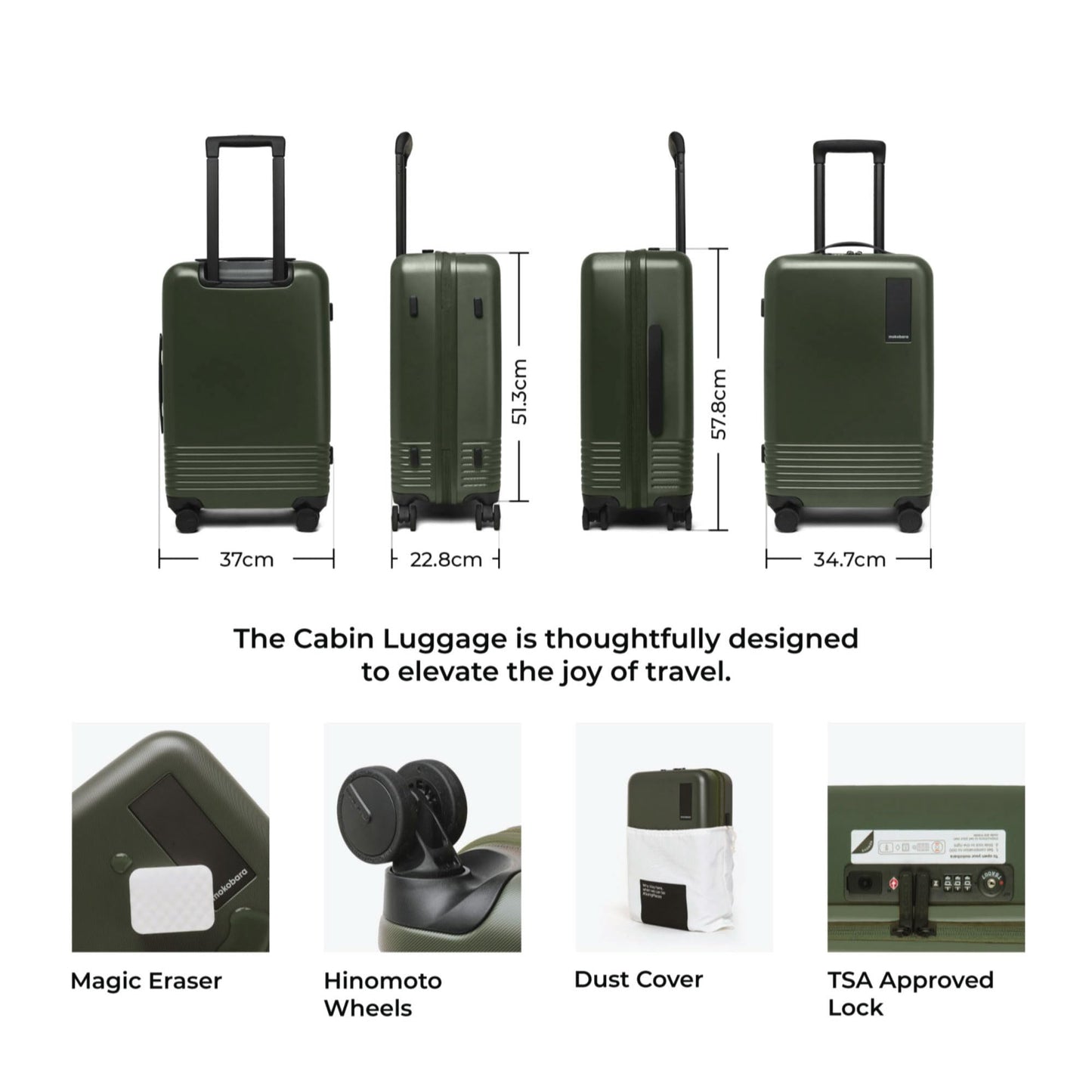 Mokopara The Cabin 58cm Iconic Range Hardside German Polycarbonate Luggage with 8 Hinomoto Spinner Wheels - Sea Green (Dark Green)