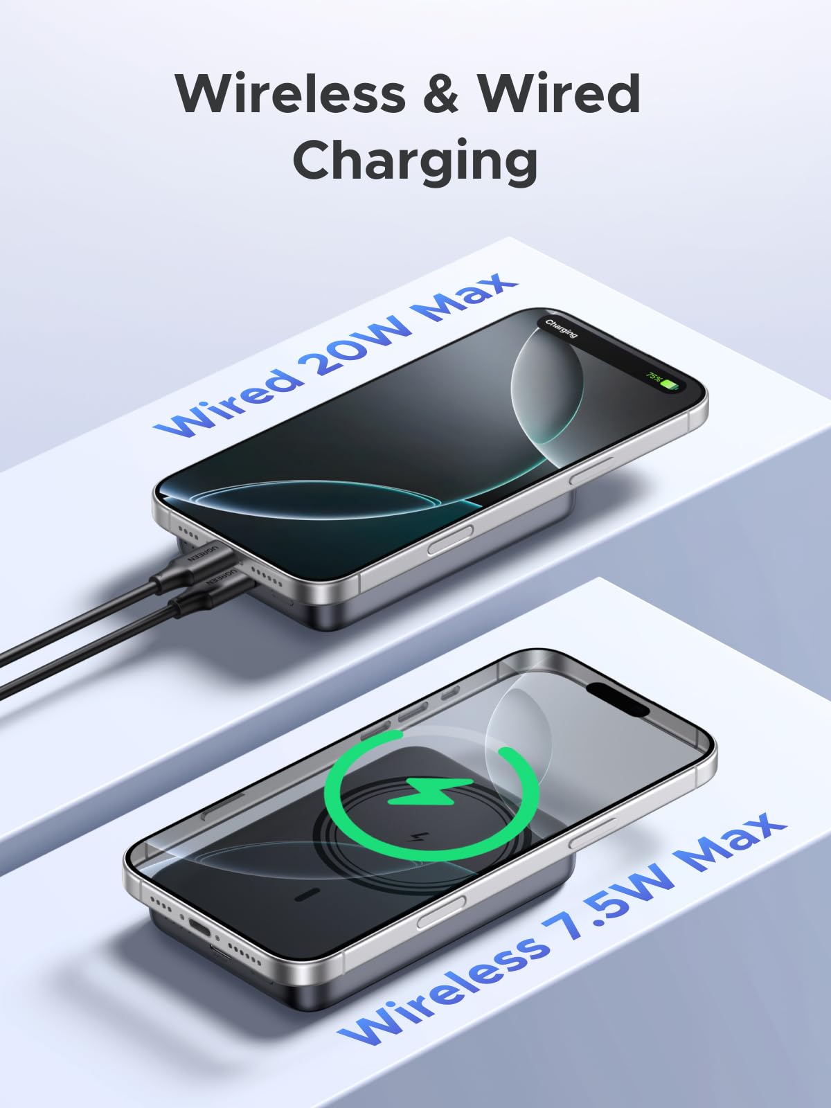 UGREEN MagSafe Power Bank 10000mAh, Fast Wireless Charger, 20W PD Wired Charging for Mobile Phones, MagSafe Charger Battery Pack for iPhone 12-16 Series, Samsung Gray