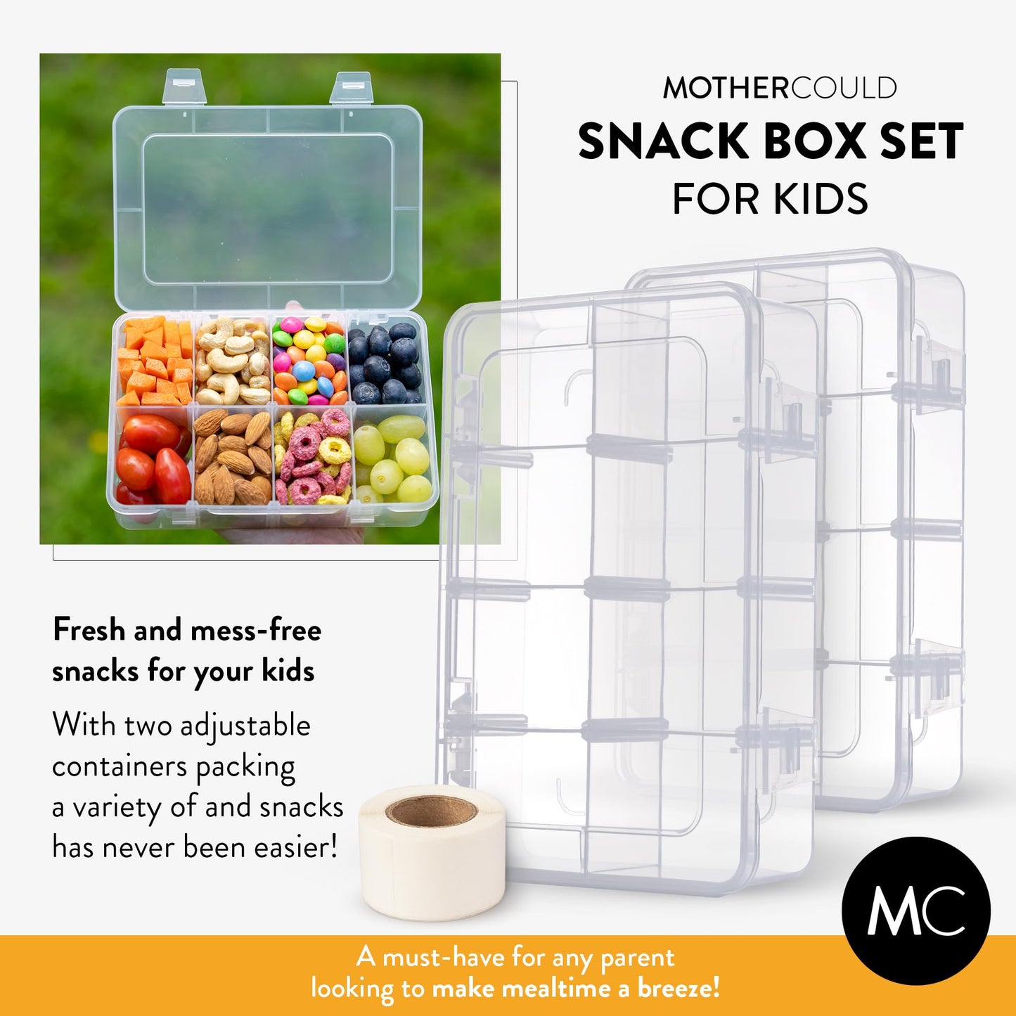 Mothercool Snack Box Set of 2 - Reusable Snack Solution with 100 Dissolvable Labels, 8 Adjustable Compartments, Easy to Clean, Dishwasher Safe