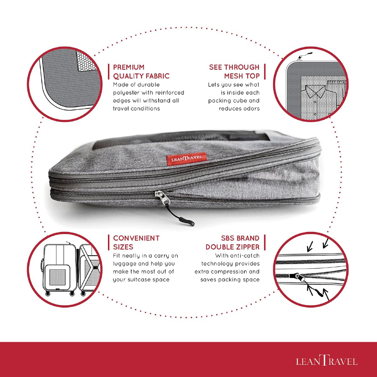 LeanTravel Compression Packing Cubes for Travel Organizers with Double Zipper (6-Pack (2L+2M+2S), Black)