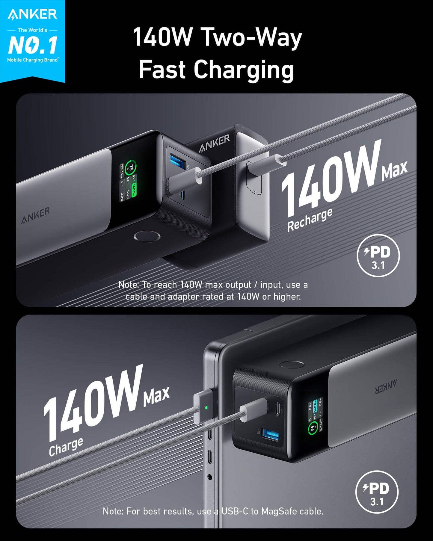 Anker 737 Power Bank (PowerCore 24K), 24,000mAh 3-Port Portable Charger with 140W Output, Smart Digital Display, Compatible with MacBook Pro/Air, iPhone 16/15/14 Series, Samsung, Huaiwei, Dell