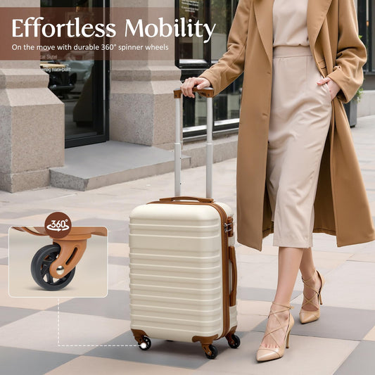 COOLIFE Suitcase Trolley Carry On Hand Cabin Luggage Hard Shell Travel Bag Lightweight Suitcase Included 1pcs Travel Bag and 1pcs Toiletry Bag (White/Brown, 5 Piece Set)