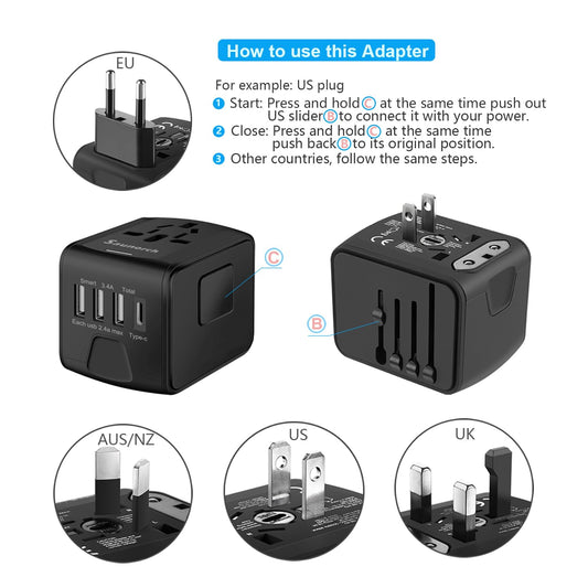 SAUNORCH Universal International Travel Power Adapter W/High Speed 2.4A USB-A, 3.0A USB-C Wall Charger, European Adapter, Worldwide AC Outlet Plugs Adapters for Europe, UK, US, AU, Asia-Black