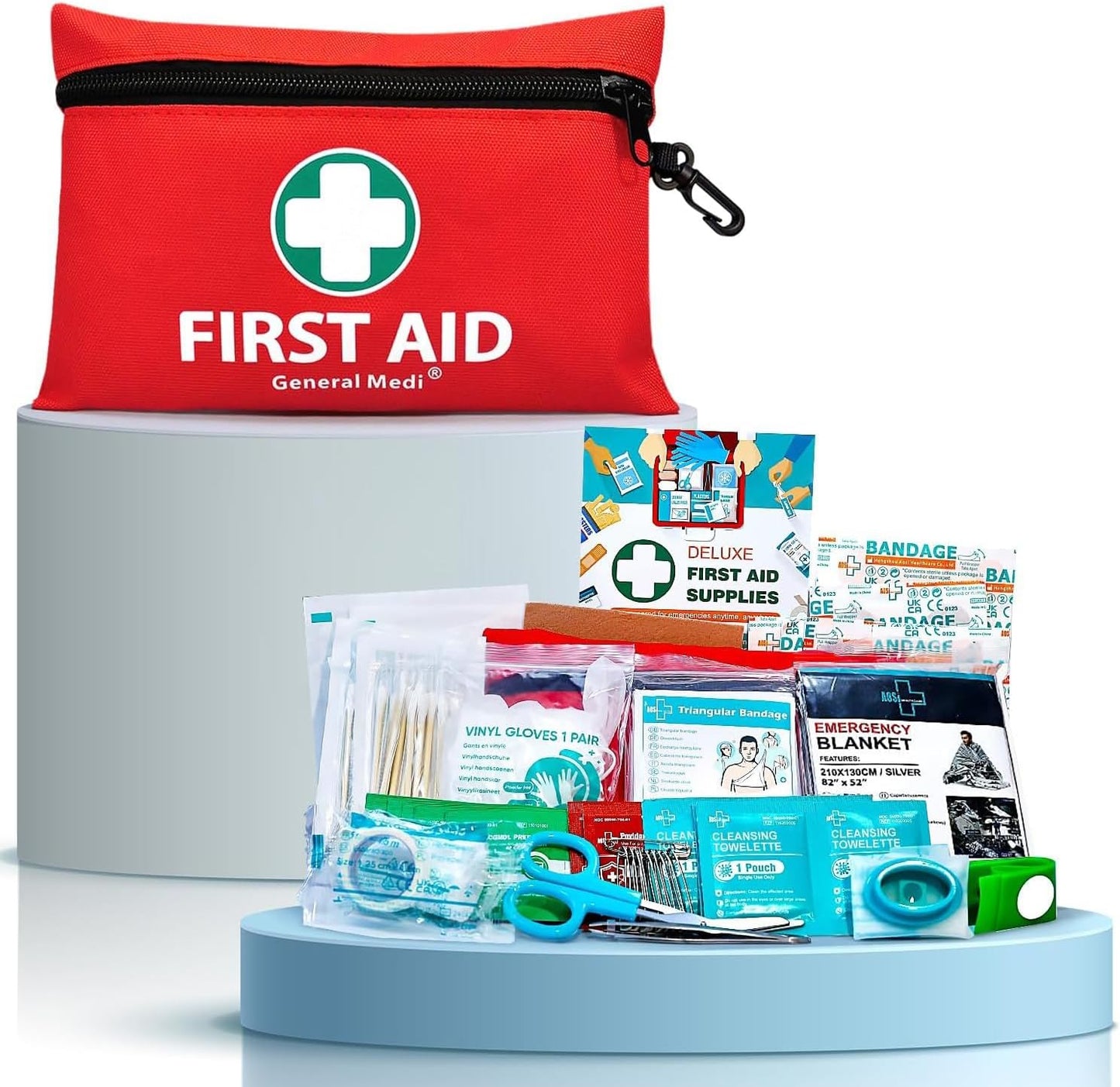 General Medi 110 Piece Mini First Aid Kit - Includes Emergency Foil Blanket and Scissors for Travel, Home, Office, Car, Camping, Workplace, Outdoors (Red)