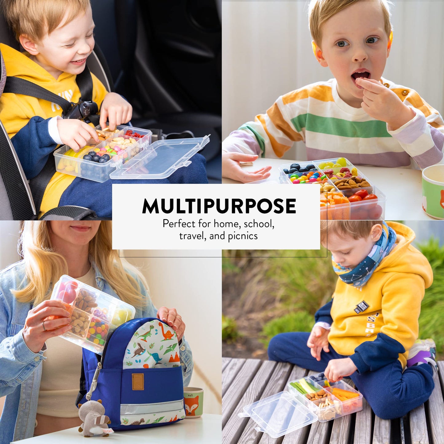 Mothercool Snack Box Set of 2 - Reusable Snack Solution with 100 Dissolvable Labels, 8 Adjustable Compartments, Easy to Clean, Dishwasher Safe