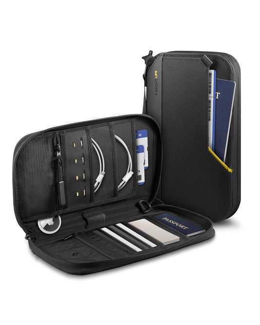 Spigen Life Passport Holder Pouch Wallet for Family, Travel Accessories Documents Organizer Card Cover with RFID Blocking, SIM Card Holder and Eject Pin, Wrist strap, up to 4 Passports - Black