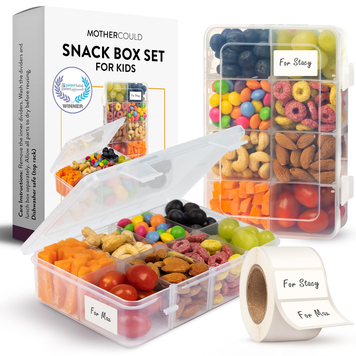 Mothercool Snack Box Set of 2 - Reusable Snack Solution with 100 Dissolvable Labels, 8 Adjustable Compartments, Easy to Clean, Dishwasher Safe