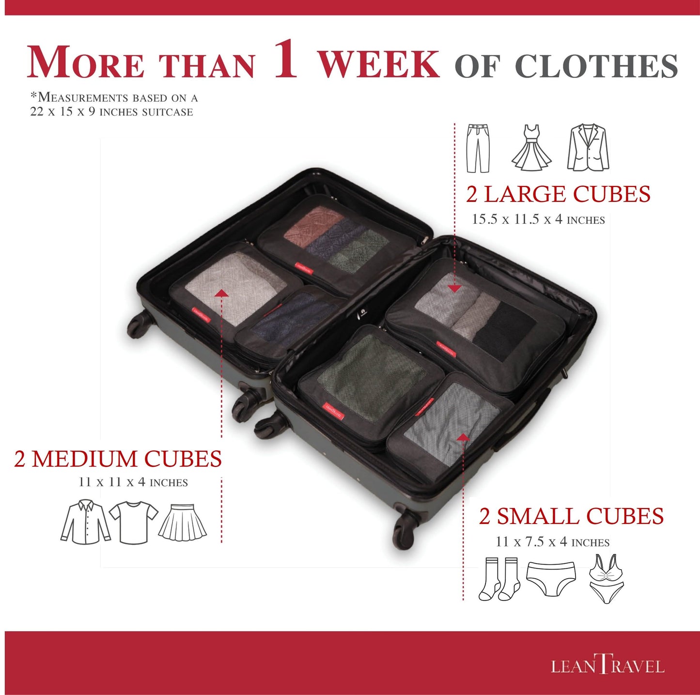 LeanTravel Compression Packing Cubes for Travel Organizers with Double Zipper (6-Pack (2L+2M+2S), Black)