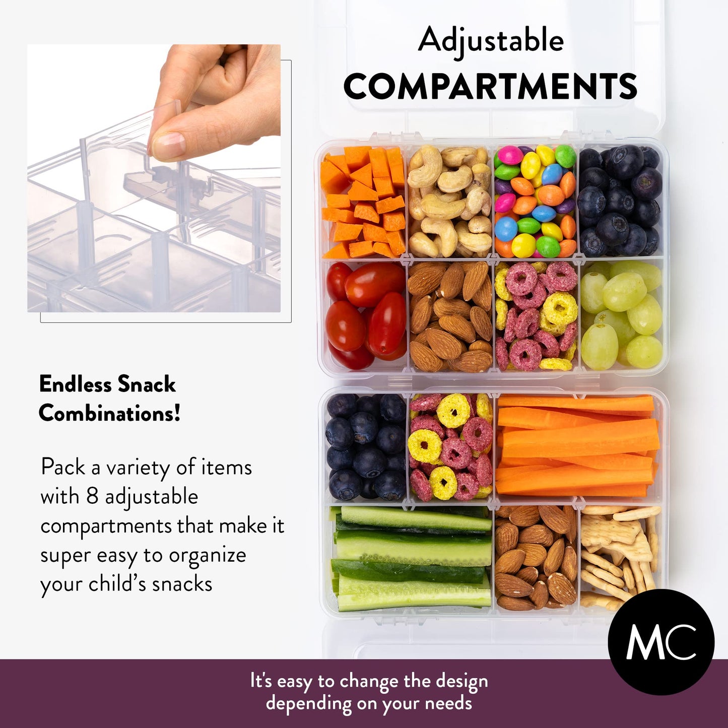 Mothercool Snack Box Set of 2 - Reusable Snack Solution with 100 Dissolvable Labels, 8 Adjustable Compartments, Easy to Clean, Dishwasher Safe