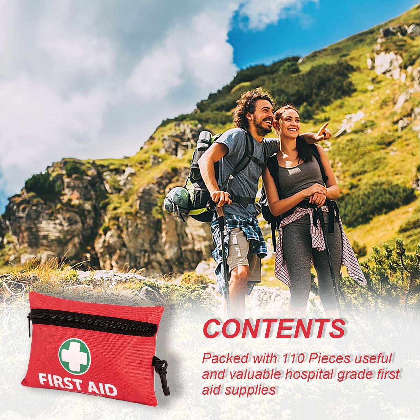 General Medi 110 Piece Mini First Aid Kit - Includes Emergency Foil Blanket and Scissors for Travel, Home, Office, Car, Camping, Workplace, Outdoors (Red)
