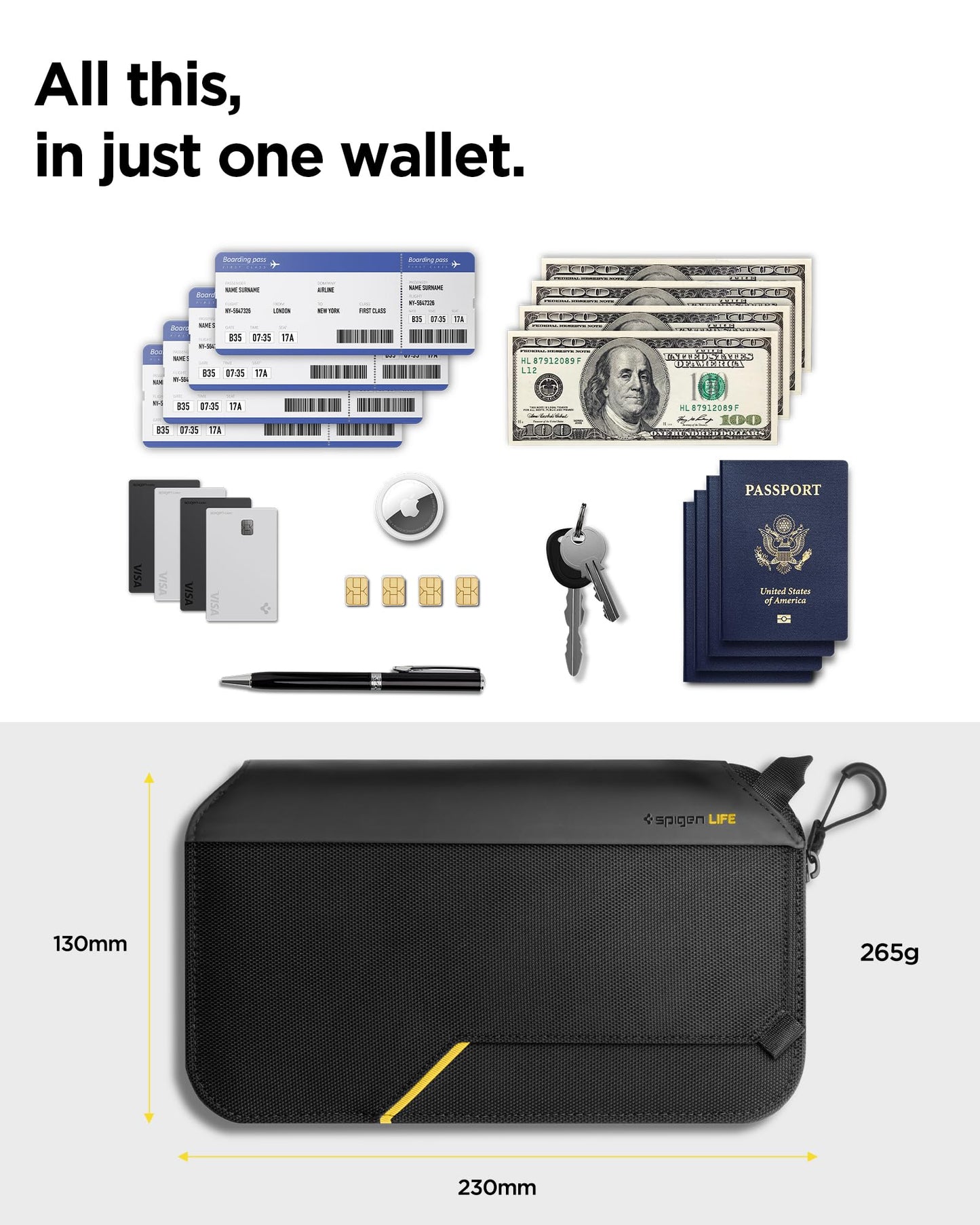 Spigen Life Passport Holder Pouch Wallet for Family, Travel Accessories Documents Organizer Card Cover with RFID Blocking, SIM Card Holder and Eject Pin, Wrist strap, up to 4 Passports - Black